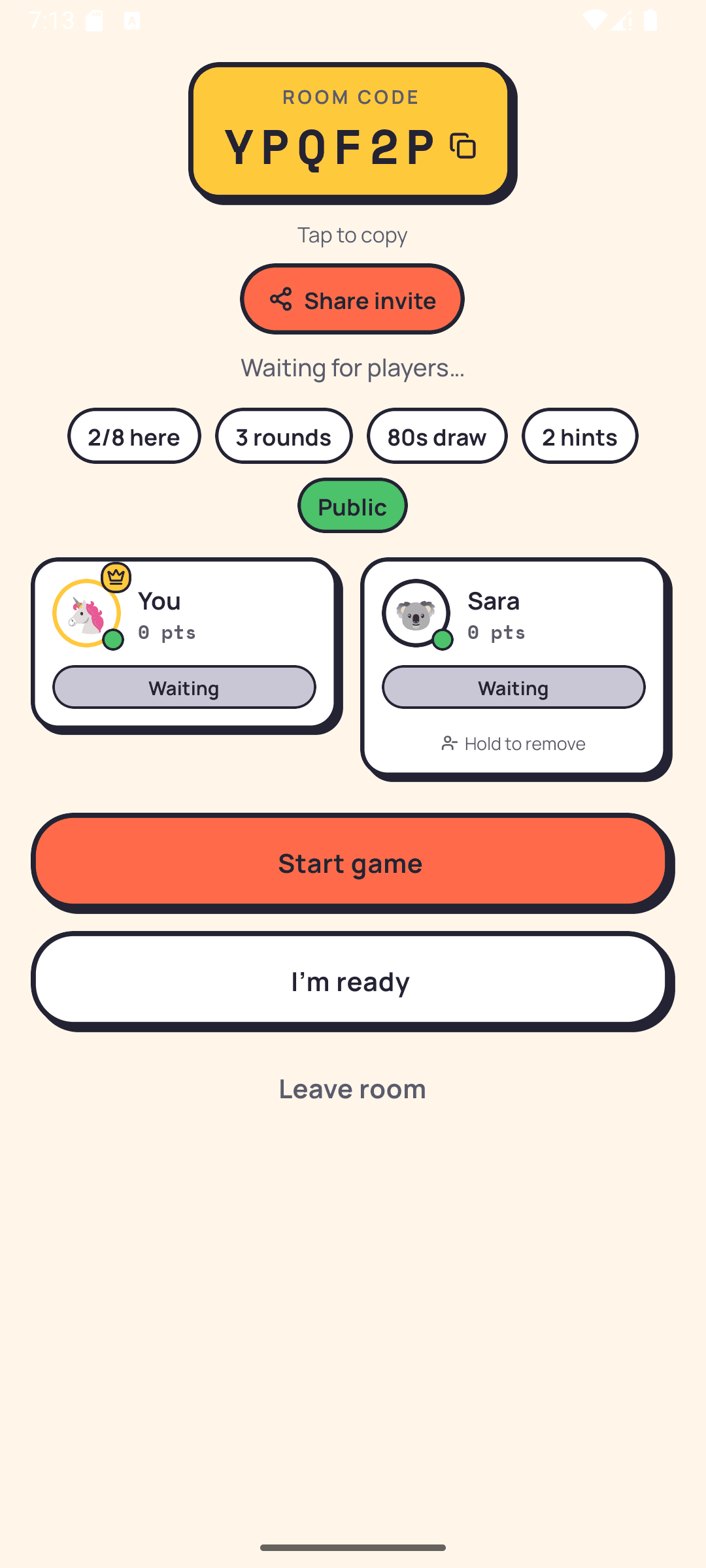 SketchGuess create room screen on Android